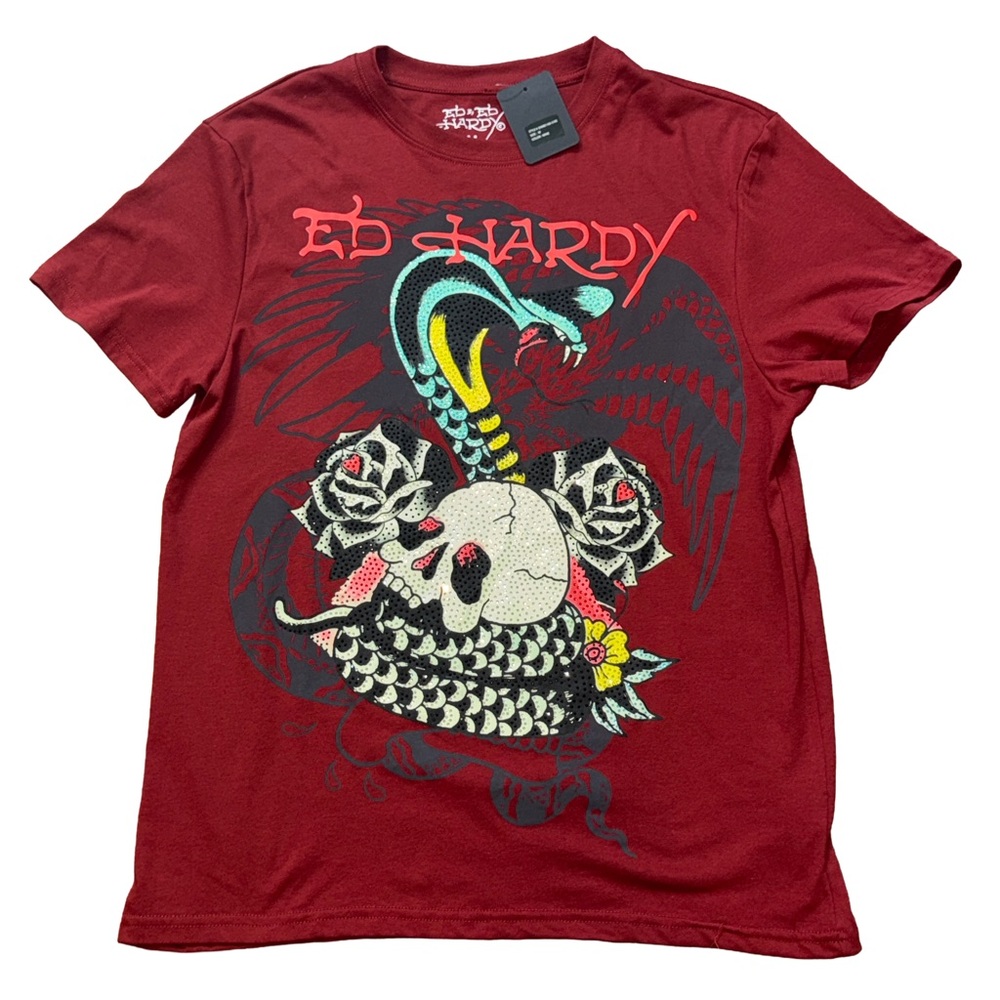 Ed Hardy Red Short-Sleeve Tee with Skull, Snake & Rose Graphic